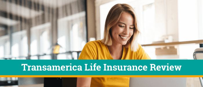 Lady with a smile on her face while looking at her lap top computer.  The banner on the picture says Transamerica Life Insurance Review