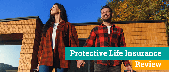 a hispanic couple dressed in red tweed smile out front of their home with a teal banner with white font saying Protective Life Insurance Review