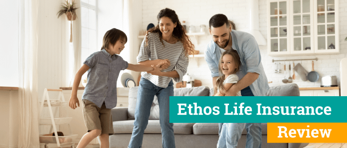 After a review of Ethos life insurance, Mom, dad, and children are laughing and spending time in their living room.